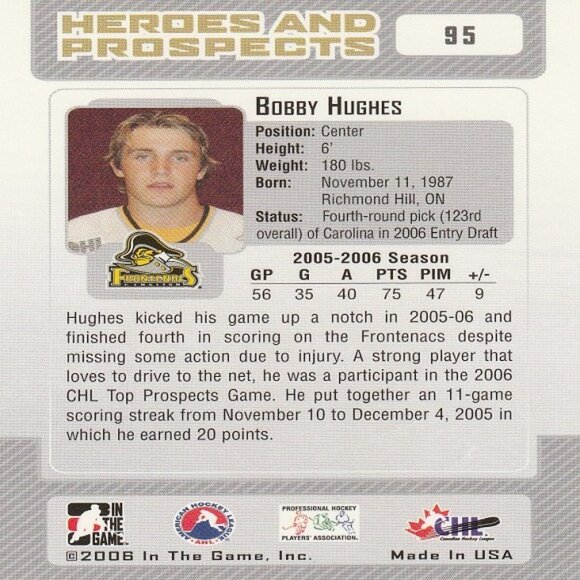 Bobby Hughes - 2006 ITG Heroes & Prospects Hockey Card - Picture 2 of 2